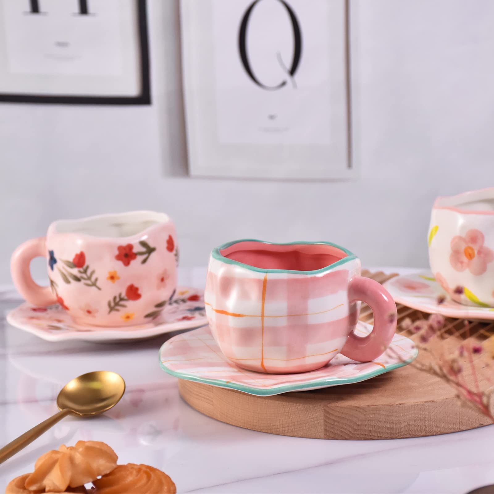 Koythin Ceramic Coffee Mug 8.5oz - Handmade Dot Blue Flower Design Tea Cup