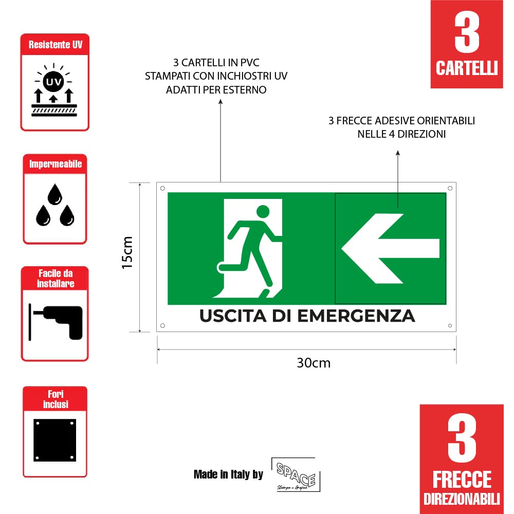 SPACE - 3 Cartelli uscita di emergenza 30 x 15cm in PVC con Frecce Direzionabili per negozio e azienda uscita di sicurezza