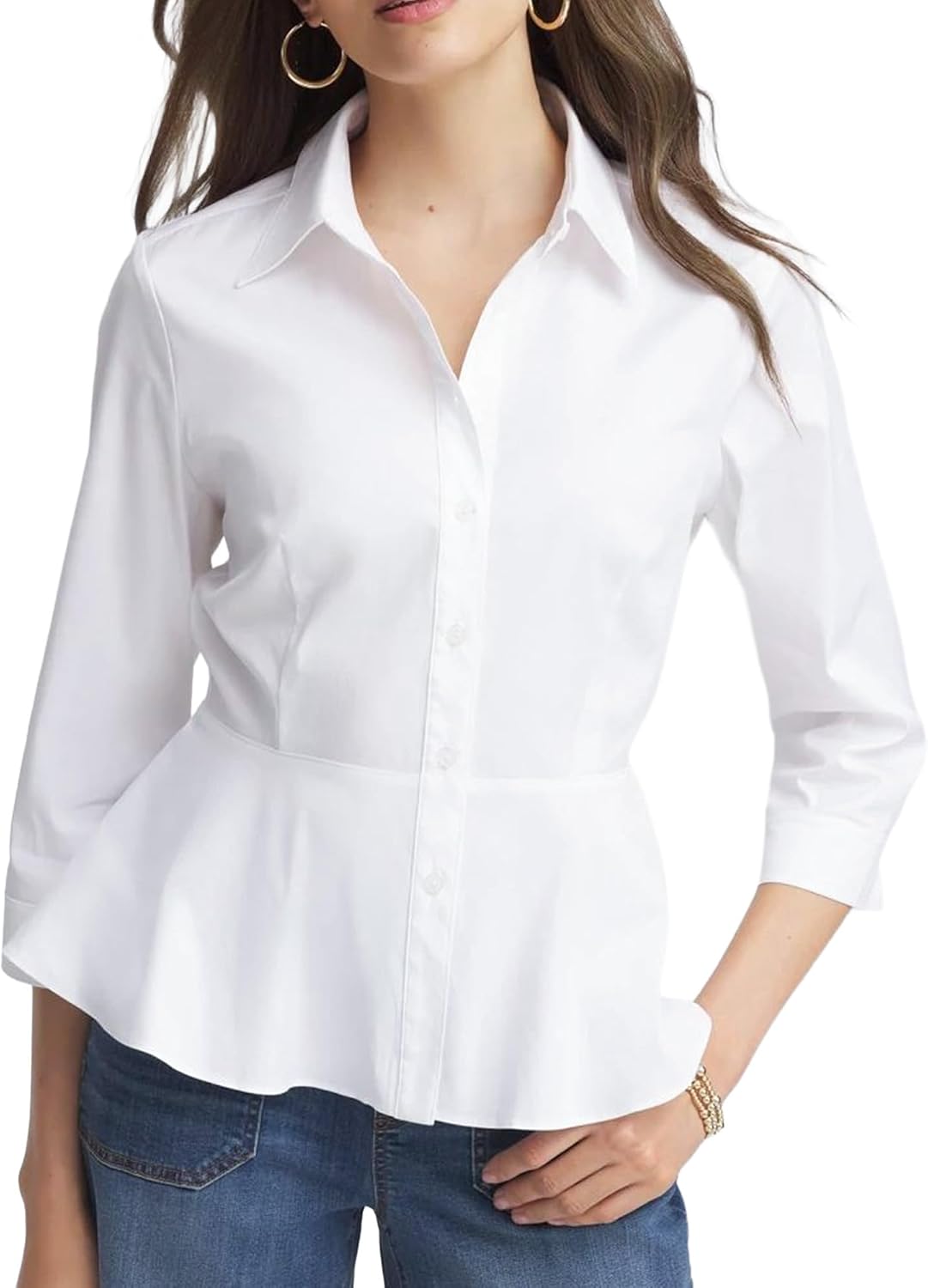 SUNNOW Women's Peplum Shirt Classic Fit 3/4 Sleeve Blouse with Point Collar & Button Front for Hourglass Silhouette