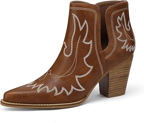 Botas vaqueras para mujer, con puntera puntiaguda, bordadas, sin botones, botas vaqueras con tacón grueso, botines occidentales