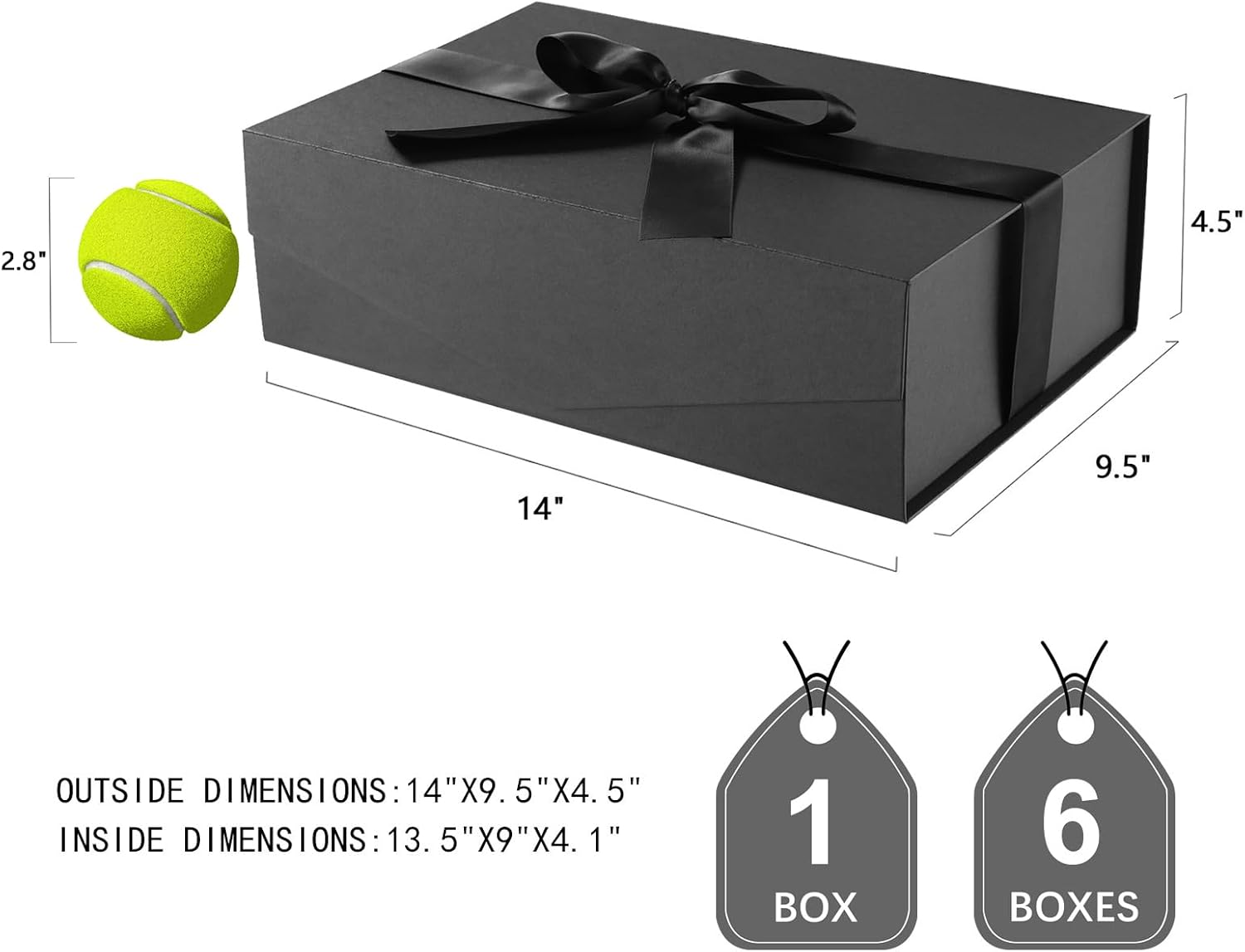 JINMING 6 Large Gift Boxes with Ribbon, 13.5x9x4.1 Inches, Black Boxes for Gifts, Groomsmen Proposal Boxes for Mother's Day, Father's Day, Collapsible with Magnetic Closure