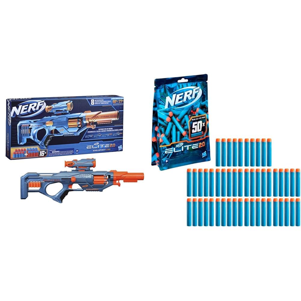 Hasbro Nerf Elite 2.0, blaster Eaglepoint RD-8, tamburo da 8 dardi & Nerf Confezione ricarica Include 50 dardi 2.0 ufficiali, compatibile con tutti i blaster Nerf Elite