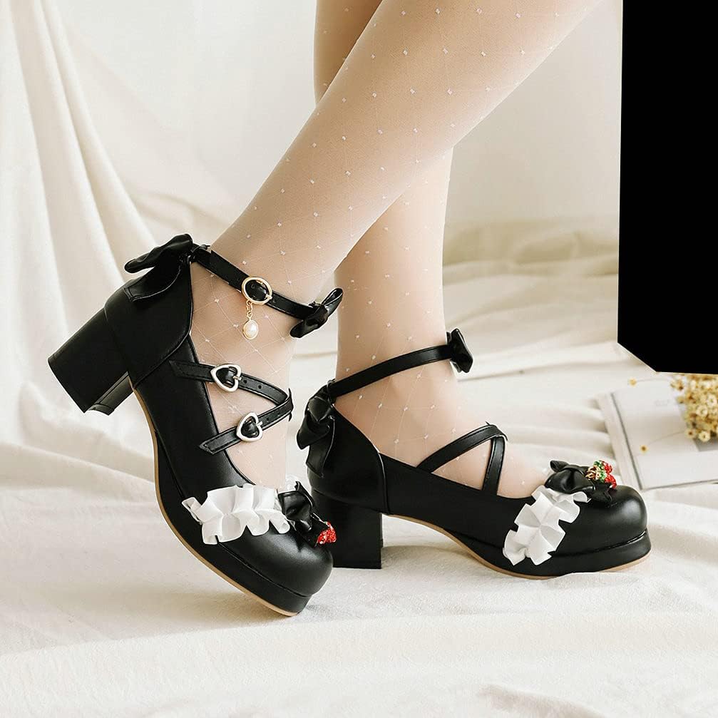 KOKOMOMO Womens Sweet Lolita Platform Shoes Kawaii Bow Mary Janes Low Block Heel Pumps