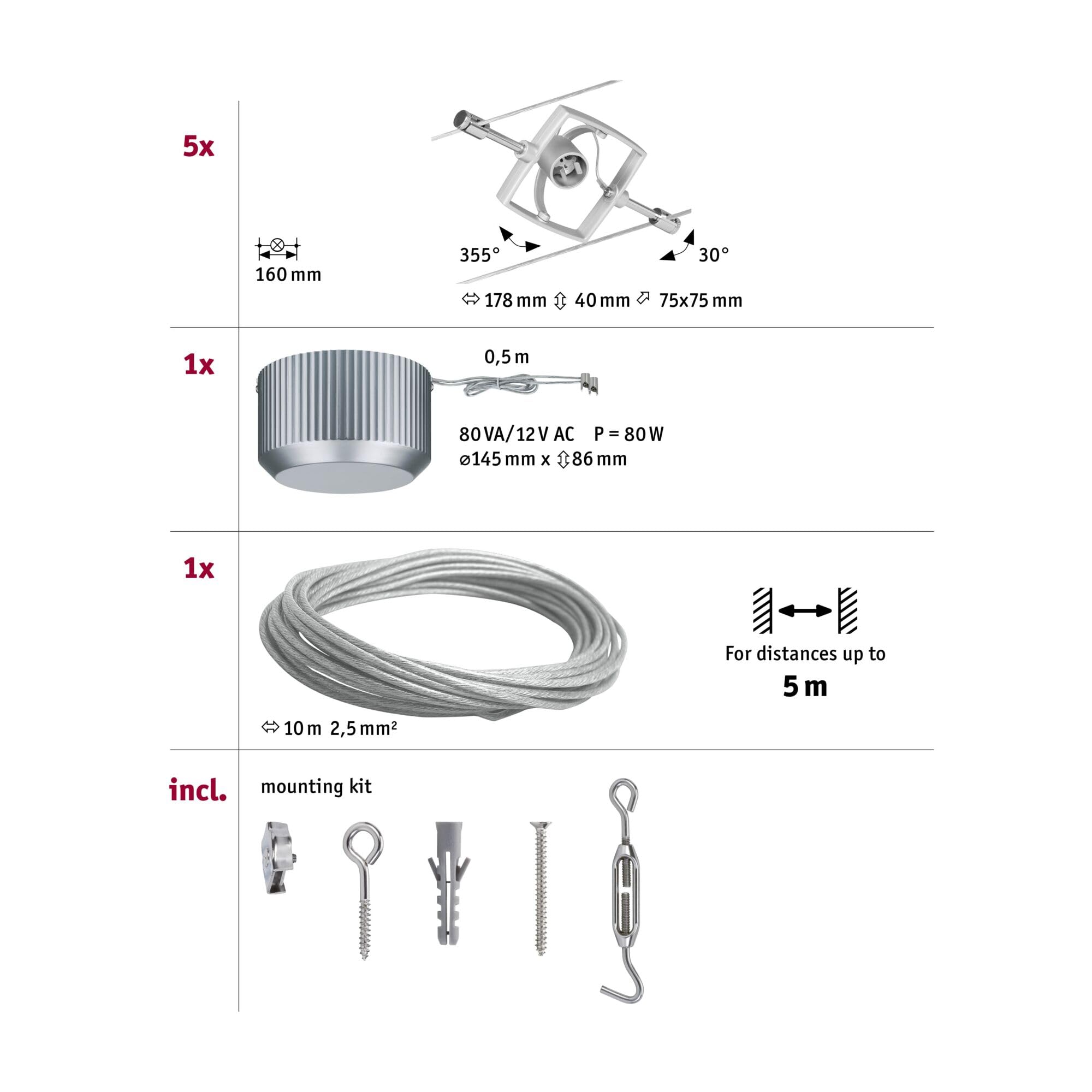Paulmann 94133 Système de Câbles Mac II Set Extensible 5x10W max, Chrome Mat Système sans Ampoules