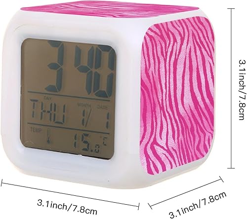 Miniatura 4 de Reloj despertador digital, rayas de cebra rosa, 7 cambios de color, reloj despertador digital con termómetro de fecha para niños pequeños, niñas y