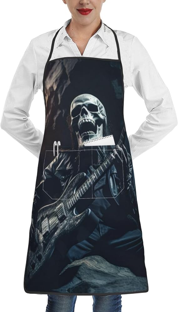 Skull Rock Roll Skeleton Bone print Apron with Large Pocket, Kitchen Cooking Aprons, Adjustable Bib Soft Chef Apron for Men Women