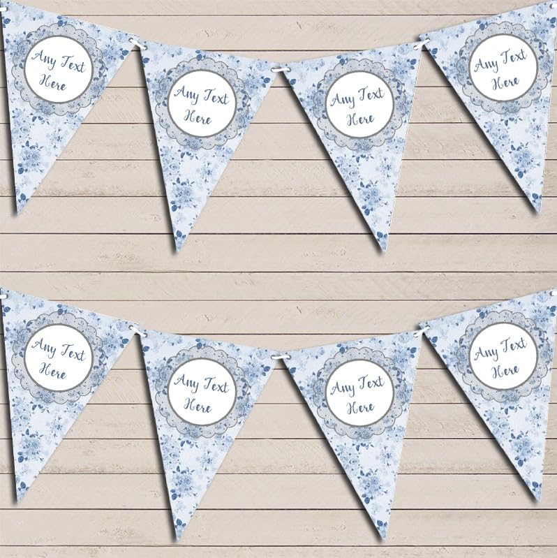 Fingerprint Designs Floral Shabby Chic Vintage Blue Rose Rustic Personalised Christening Baptism Bunting - Hanging Party Decoration - Christening Party Banner Garland | Decorative Party Supplies