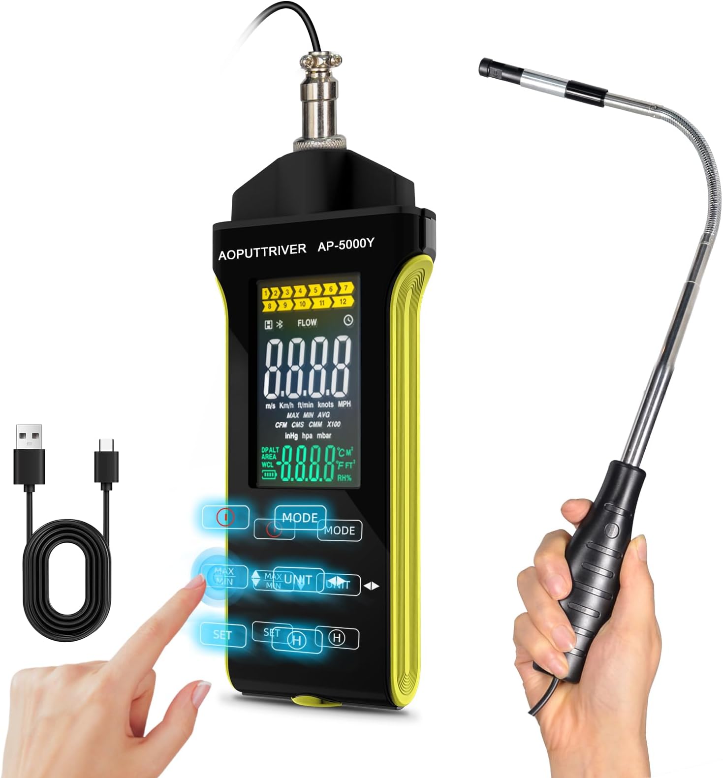Hot Wire Anemometer Handheld CFM/CMM Air Flow Meter with 360° Revolve Telescopic Probe Measures Airflow and Temperature in Air Flow Velocity for HVAC Cone Duct-AP-5000Y