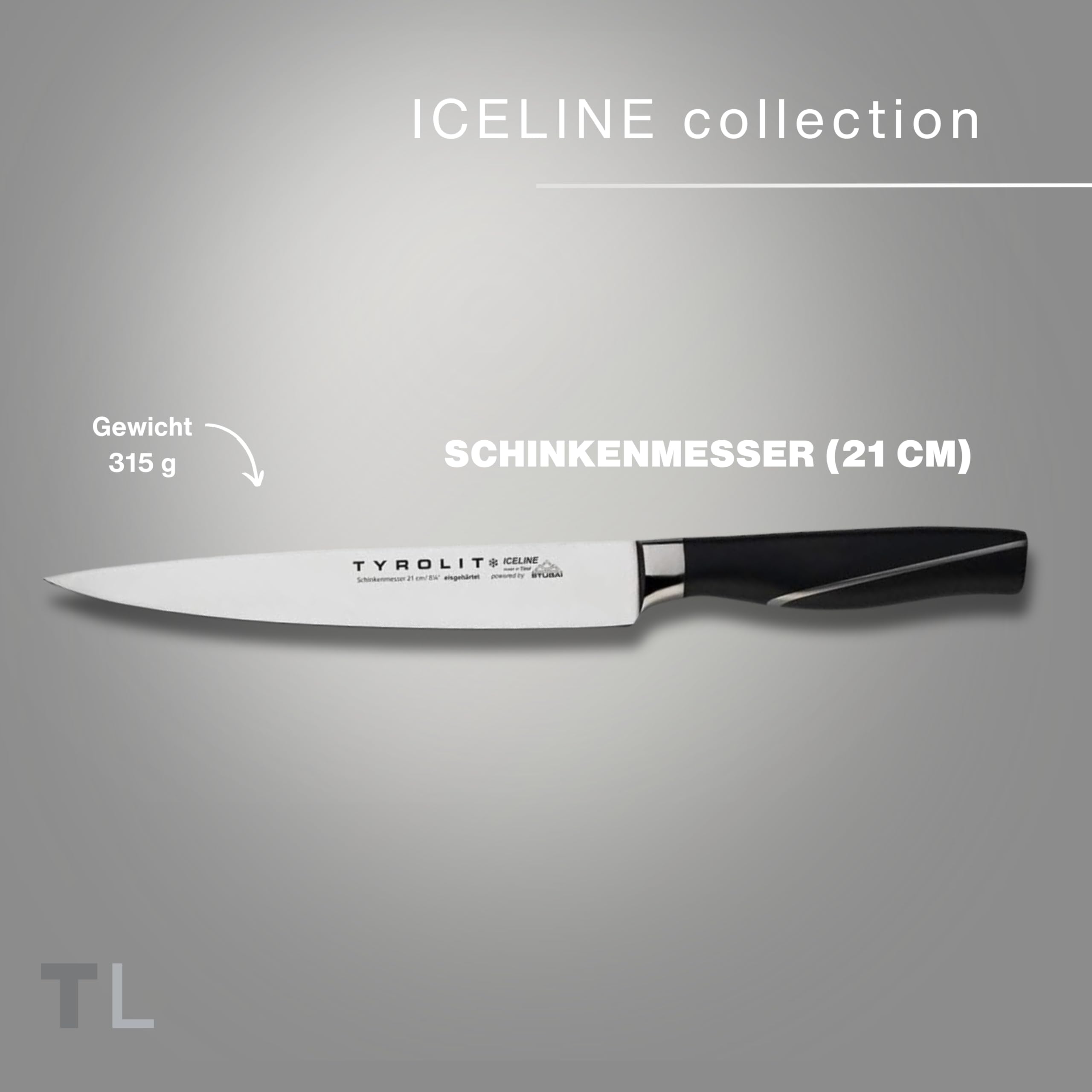 Tyrolit LIFE Schinkenmesser - 21 cm Edelstahlklinge, mehrfach eisgehärtet - flexibles Küchenmesser für Fisch, Fleisch und Gemüse - Made in Tirol