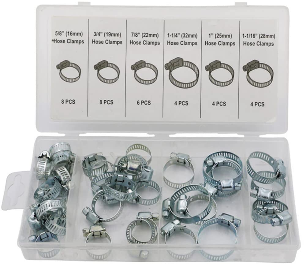 Rubik Hose Clamps, 34pcs Adjustable Range 16mm to 32mm Stainless Steel Worm Gear Pipe Clamps Set for Plumbing, Automotive and Mechanical Application Pipes