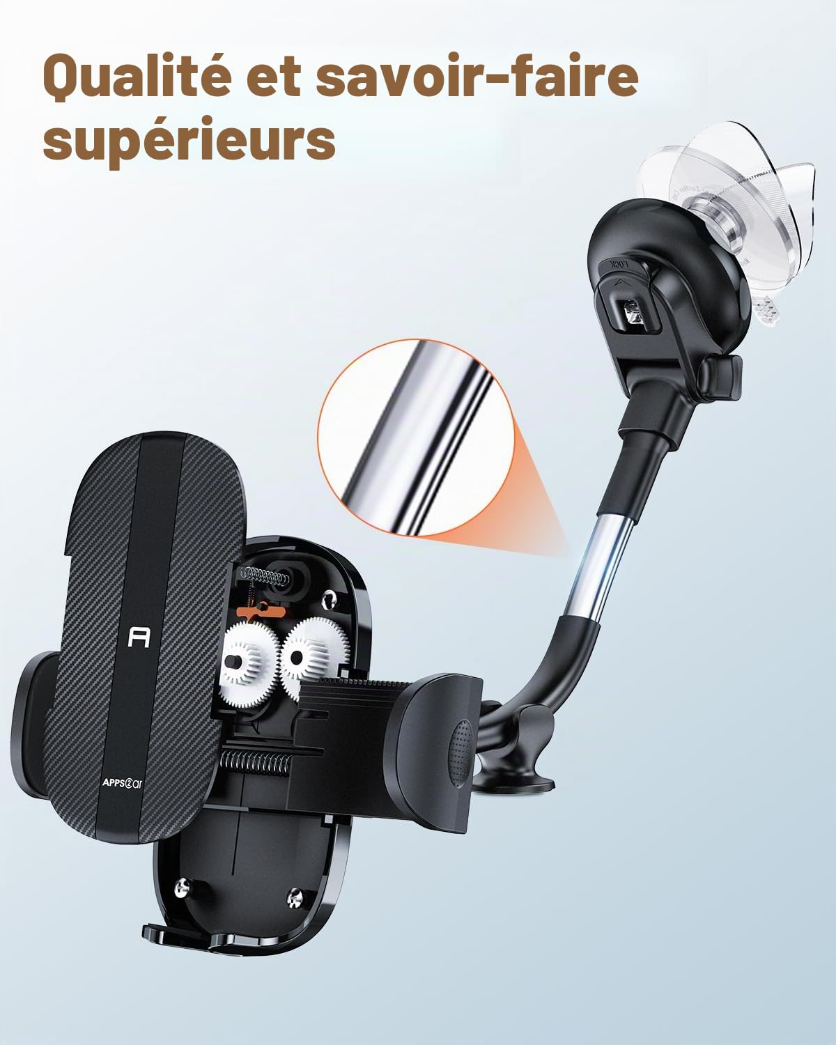APPS2Car Support de téléphone de Voiture pour Pare-Brise - Ventouse Plus Forte - Support de téléphone pour Tableau de Bord de Voiture - Compatible avec iPhone 14/13/12 Pro Max, Samsung S22 et Plus