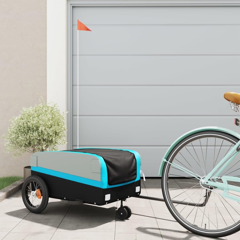 Fahrradanhänger Schwarz aus Eisen mit Tragkraft, x 52,5 x 42, mit Sicherheitsflagge, faltbar für Transport von Gepäck, Lasten, Hunde, Kinder, Outdoor und Alltag