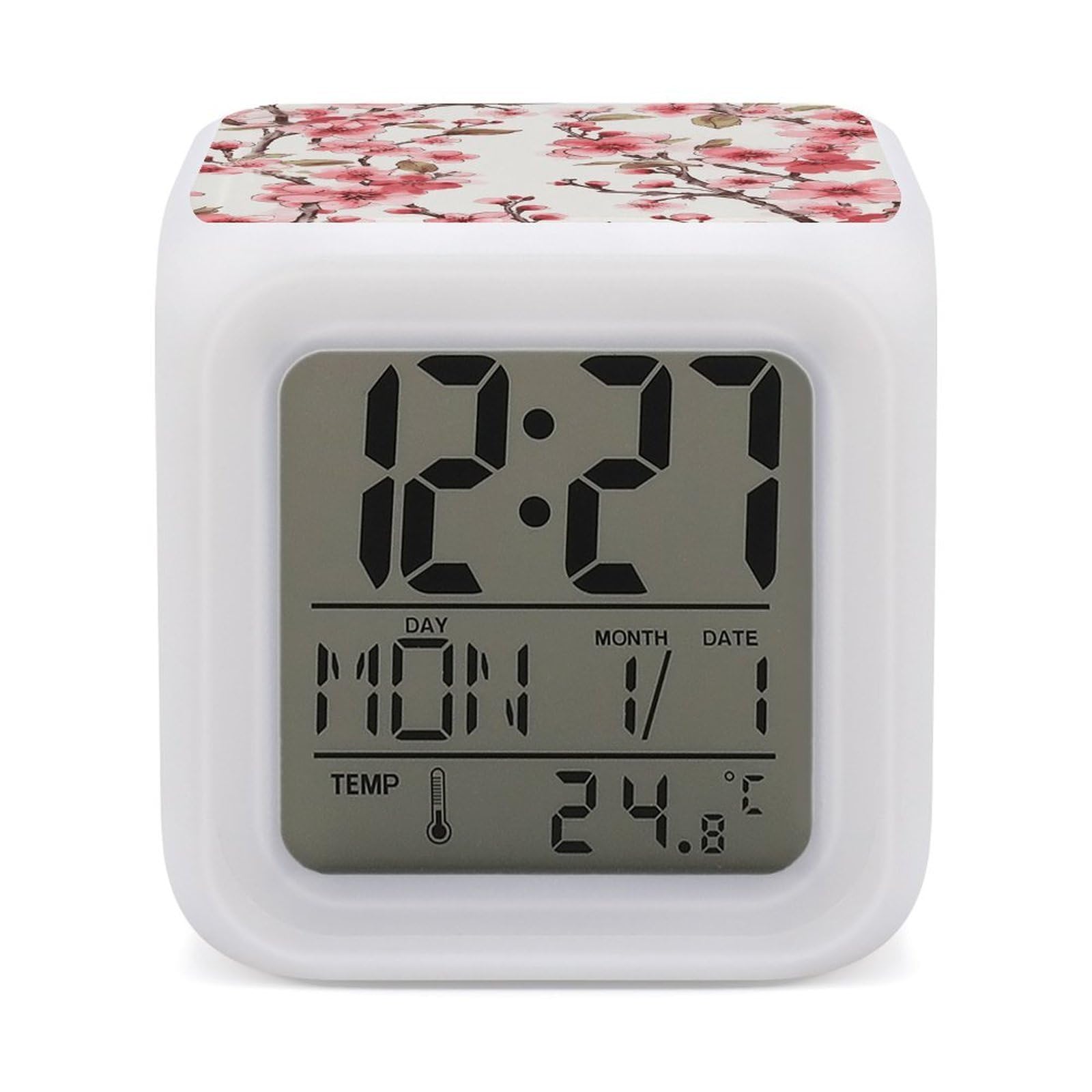 VstaDank Cherry Blossom Alarm Clock 7 Color Changing LED Wake-Up Clocks Printed Home Decoration Multi-Color Night Light Digital Alarm Clock with Temperature Display for Home Office