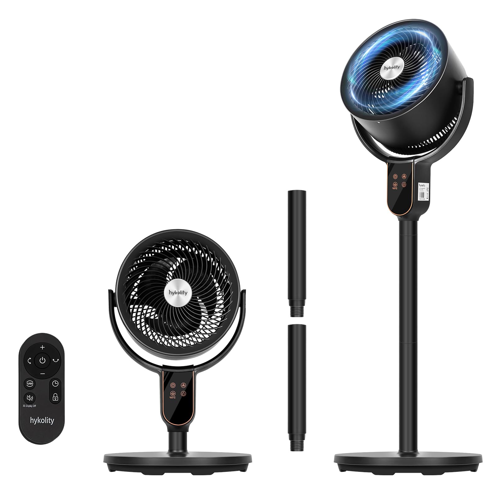 hykolity Fan for Bedroom, 90°+70° Omnidirectional Oscillating Standing Fan, 3 in 1 Pedestal & Tabletop fan, Quiet Floor Fan with Remote, Adjustable Heights, 8 Speeds Air Circulator, 12H Timer