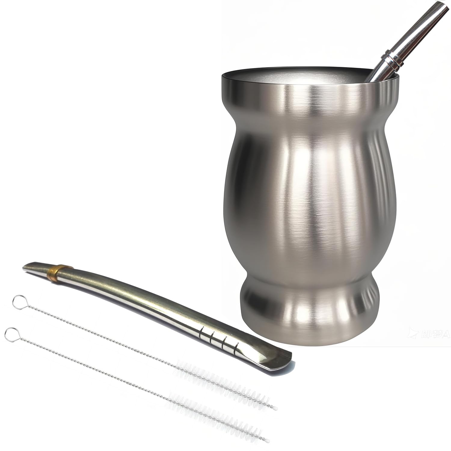 Beruth 8oz Yerba Mate Cup, Double Wall 304 Stainless Steel Mate Gourd, Heat Insulated Mug &amp; Anti-Scalding Design, Includes 2 Straws &amp; Cleaning Brush （Silver）