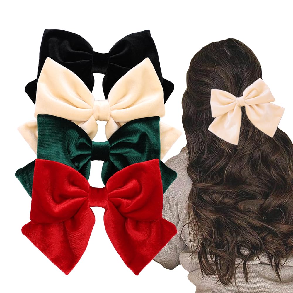 Pack of 4 Large Velvet Bow with French Barrettes for Women and Girls Vintage Hair Bows Clips Accessories (6'' Velvet Black Red)