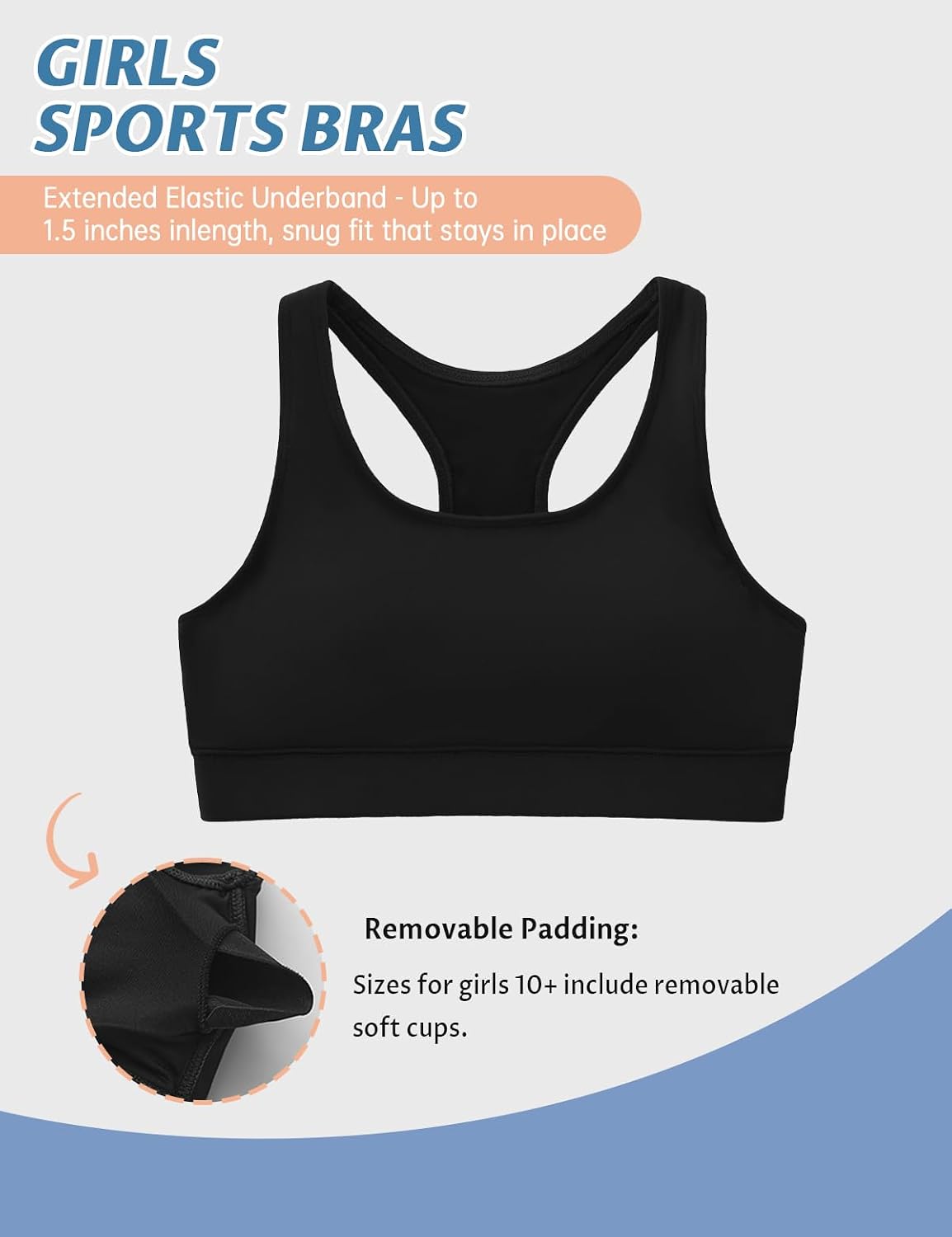 Girls Sports Bras with Removable Pads, Soft Stretchy Girl Athletic Everywear Yoga Dance Training Cheer