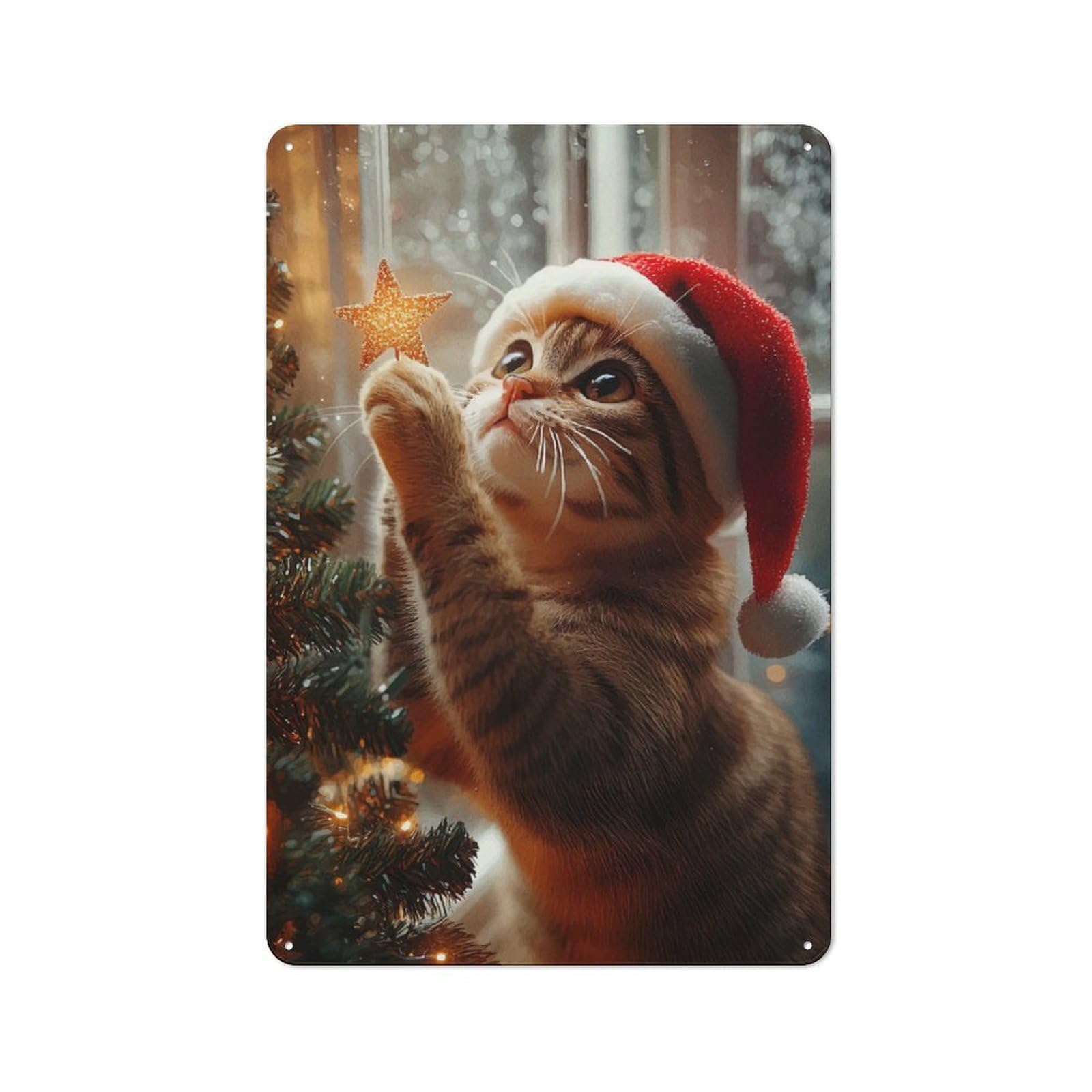 Junmoney Cat In Santa Hat Vintage Tin Sign 30X20cm With For Workshop Wall, For Makers And Diy Enthusiasts, For Retro Home Interiors