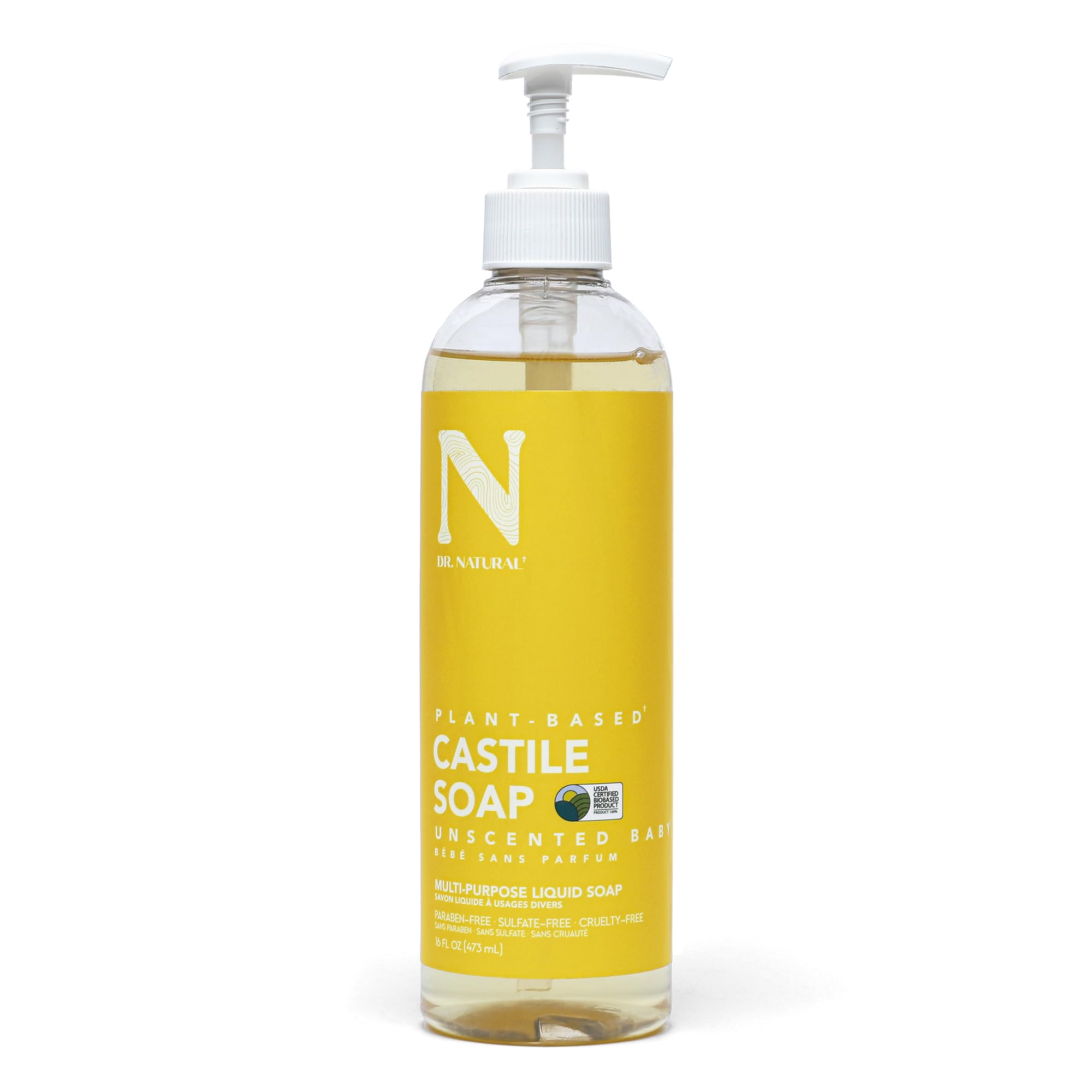 Dr. Natural Castile Soap Multi-Purpose Unscented 473 ml. 100% Natural. Made from Natural Plants and Oils. Hypoallergenic and Ultra Moisturizing Suitable for All Skin Types and for the Whole Family.