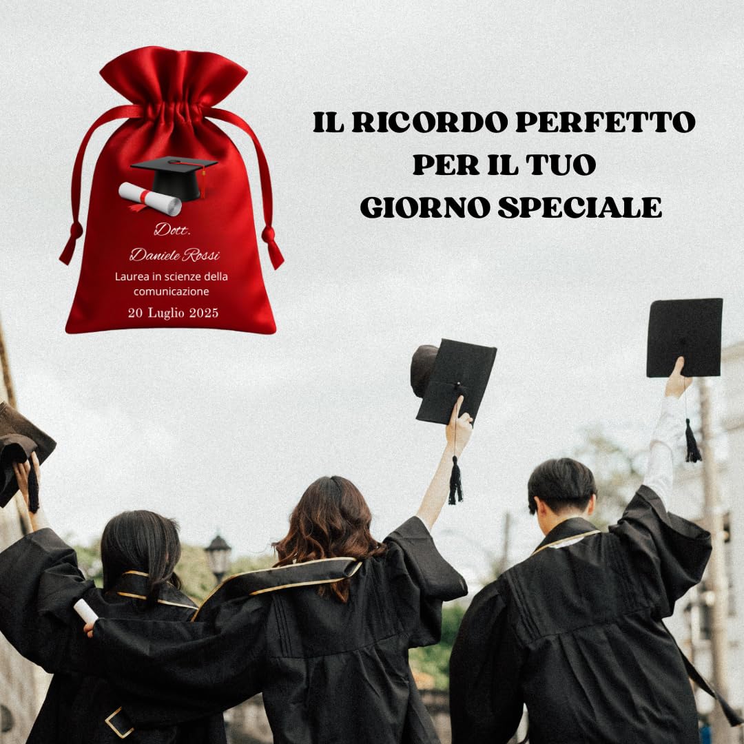 Sacchetti Laurea Personalizzati, in Raso, 12 Pezzi, Rosso, con Stampa Tocco e Pergamena, Bomboniere per Festa di Laurea