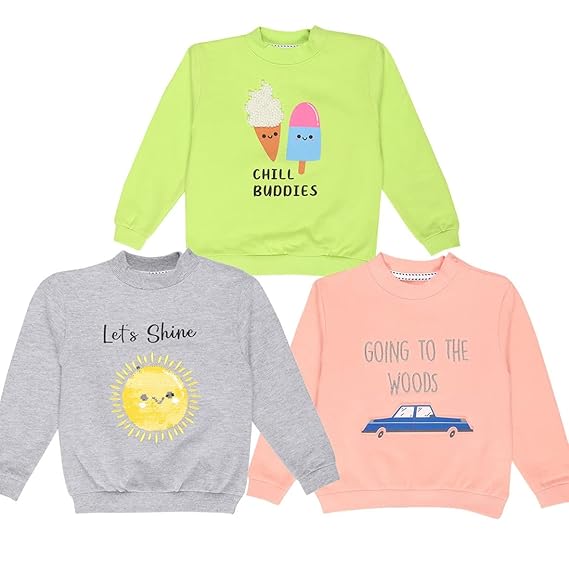 The Mom Store Full Sleeves Sweatshirt Combo of 3 for Boys and Girls| 100% Cotton with Brushed Fleece | Kids Winter wear | Cute Prints | Warm |