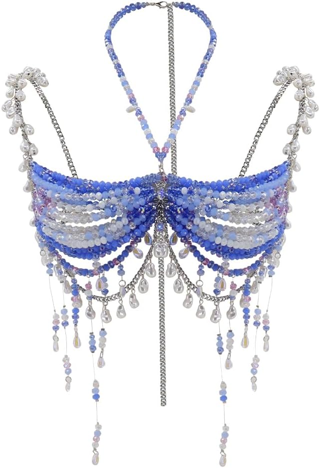 Sexy Layered Bead Tassel Bra Body Chain Jewelry Beach Harness Bikini Festival Rave Bra Bralette for Women