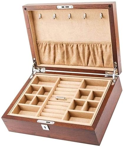 Caja de joyería pequeña, caja de joyería doble de madera pura de olmo viejo, caja de almacenamiento de colección de brazaletes de joyería con cerradura de moda (Caqui)