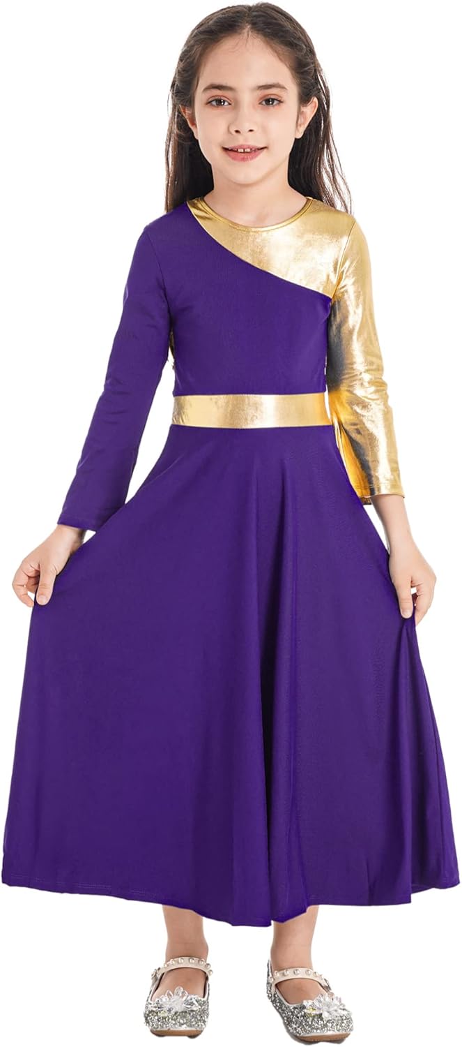 Kids Girls Metallic Bell Long Sleeve Lyrical Gowns Worship Costume Liturgical Church Praise Dress Dancewear