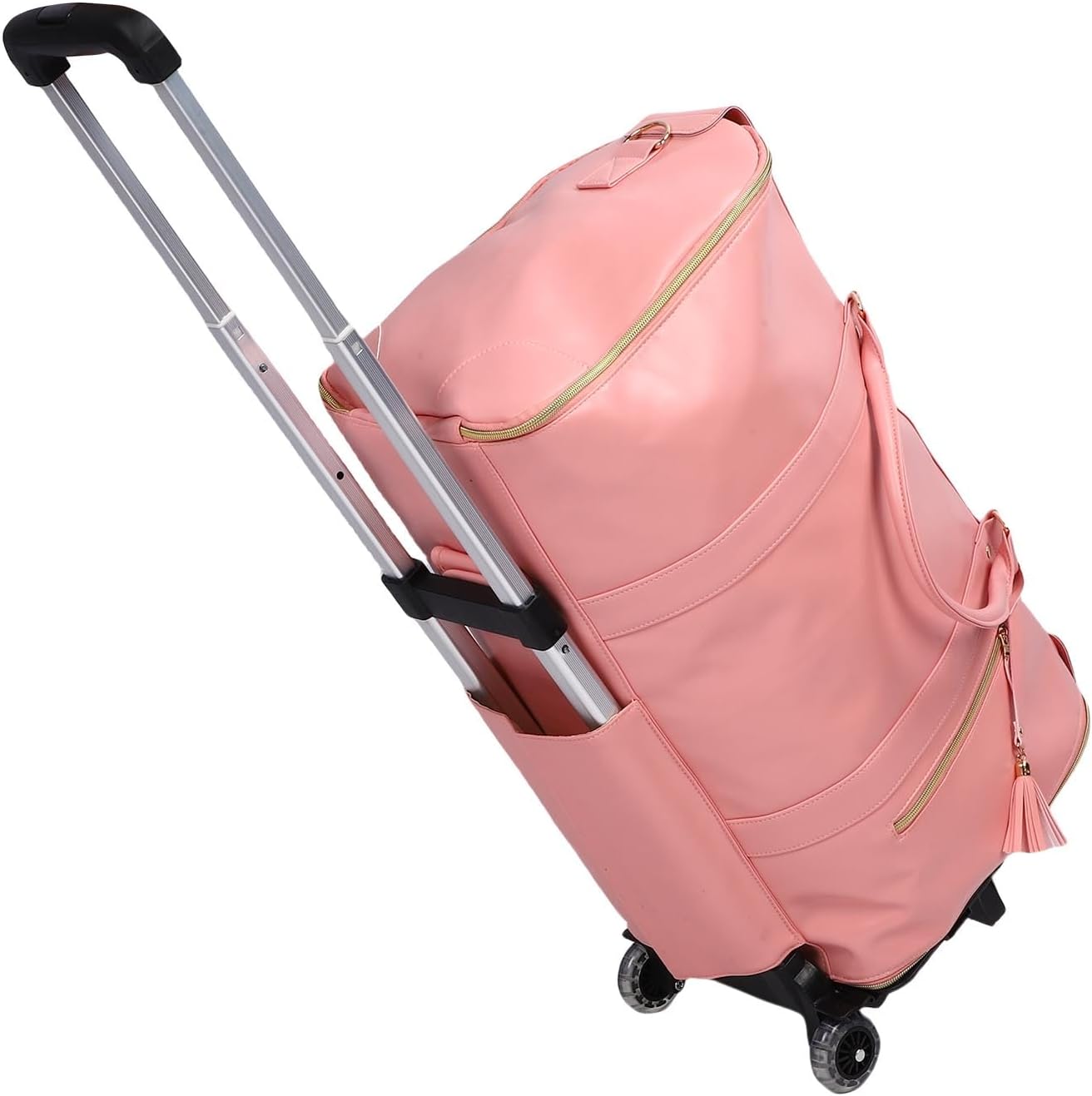 Rolling Garment Bag, 40L PU Leather Rolling Duffle Bag Detachable Telescopic Trolley Spacious Main Compartment Front Zip Pocket, Travel with Wheels for Men Women (Pink)