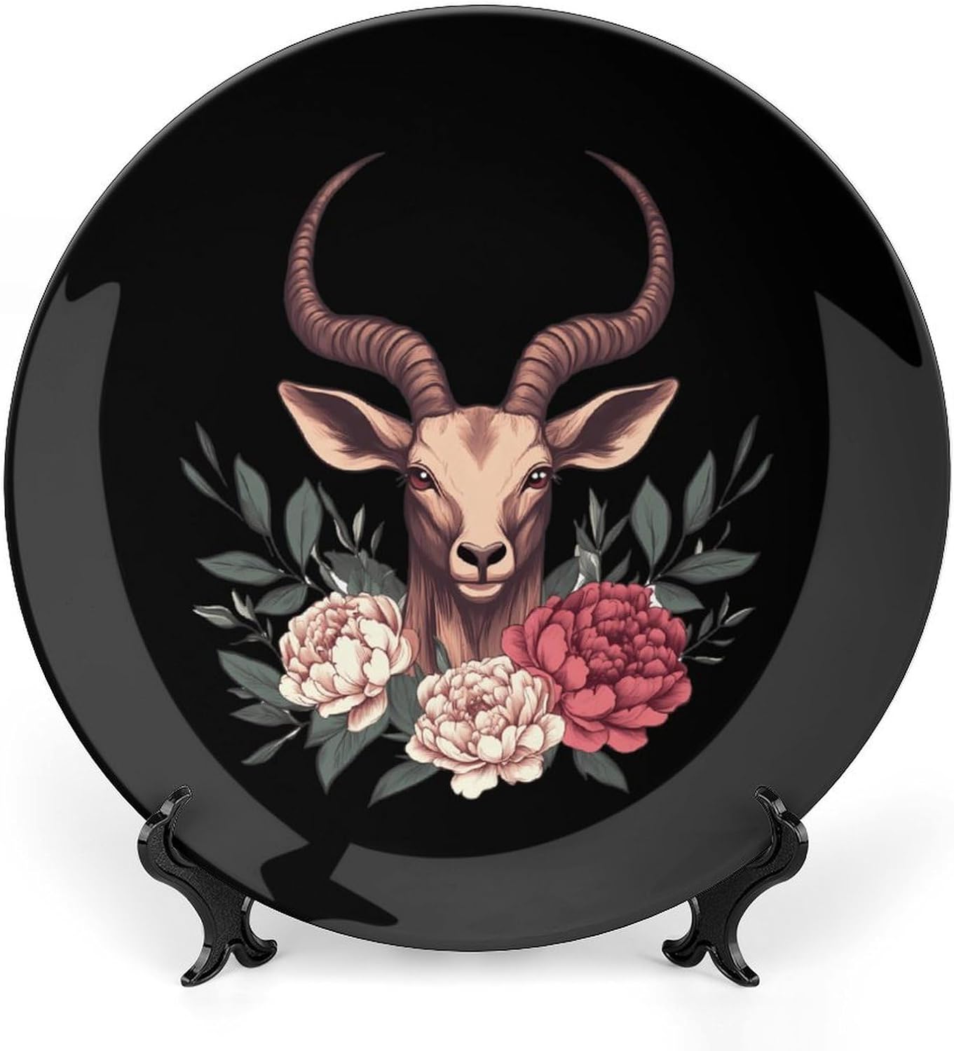 Antelope Head Wearing Flowers Bone China Decorative Plate with Stand Home Dessert Plates Gift for Men Women 6inch