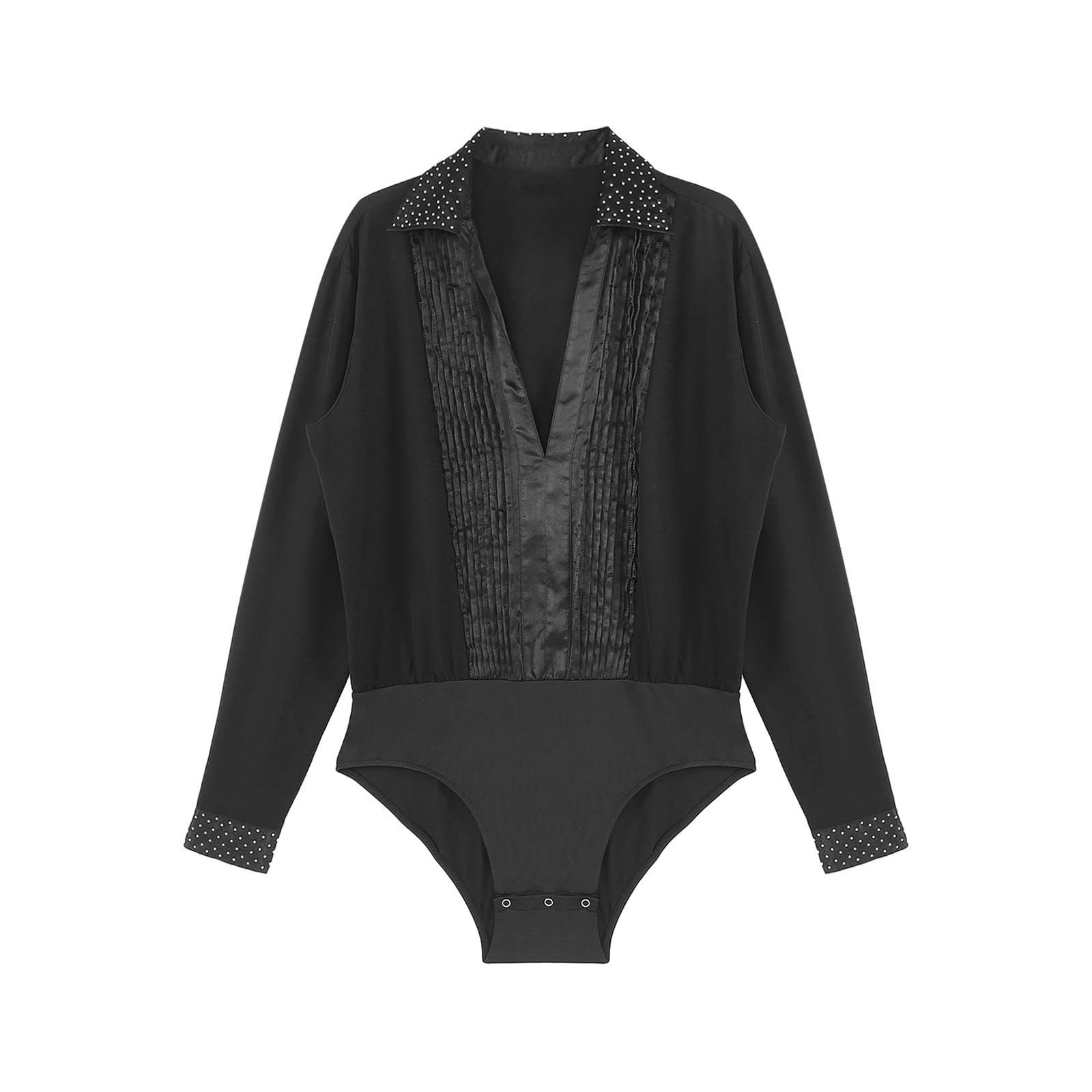 Camicia da Ballo Latino Costume da competizione di danza latina uomo con strass scintillanti, body ballo, abbigliamento sala, scollo a V, manica lunga, plissettato Per la danza