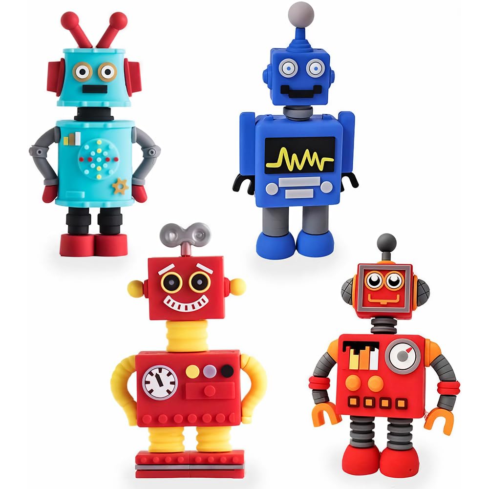 Robot Cake Toppers, Robot Mini Figurines, 4pcs Cartoon Fun Decorative Cake Decorations for Birthday Parties & Celebrations Toy Gifts For Kids Birthday Party
