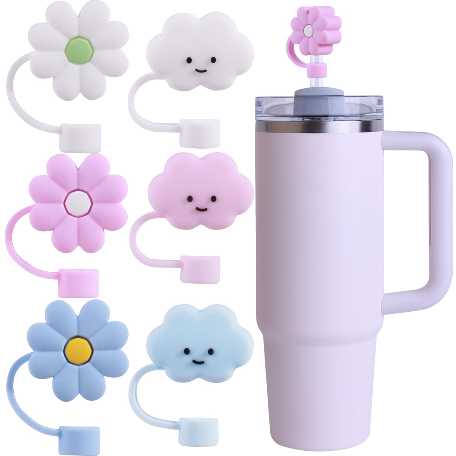 GLAMFIELDS 6pcs Cloud Flower Straw Cover Cap for Stanley Cup 30 40 oz, 0.4in 10mm Straw Toppers, Reusable Soft Silicone Straw Covers for Stanley Tumbler Accessories Dust-proof Straw Tips Protectors