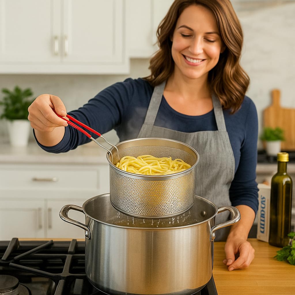 Nudelsieb 2er Set, Edelstahl Nudelsieb mit abnehmbarem Griff, Metall Nudelsiebkorb, Fritteusenkorb, Küchensieb zum Waschen, Abtropfen Frittieren, Kochen, Dämpfen