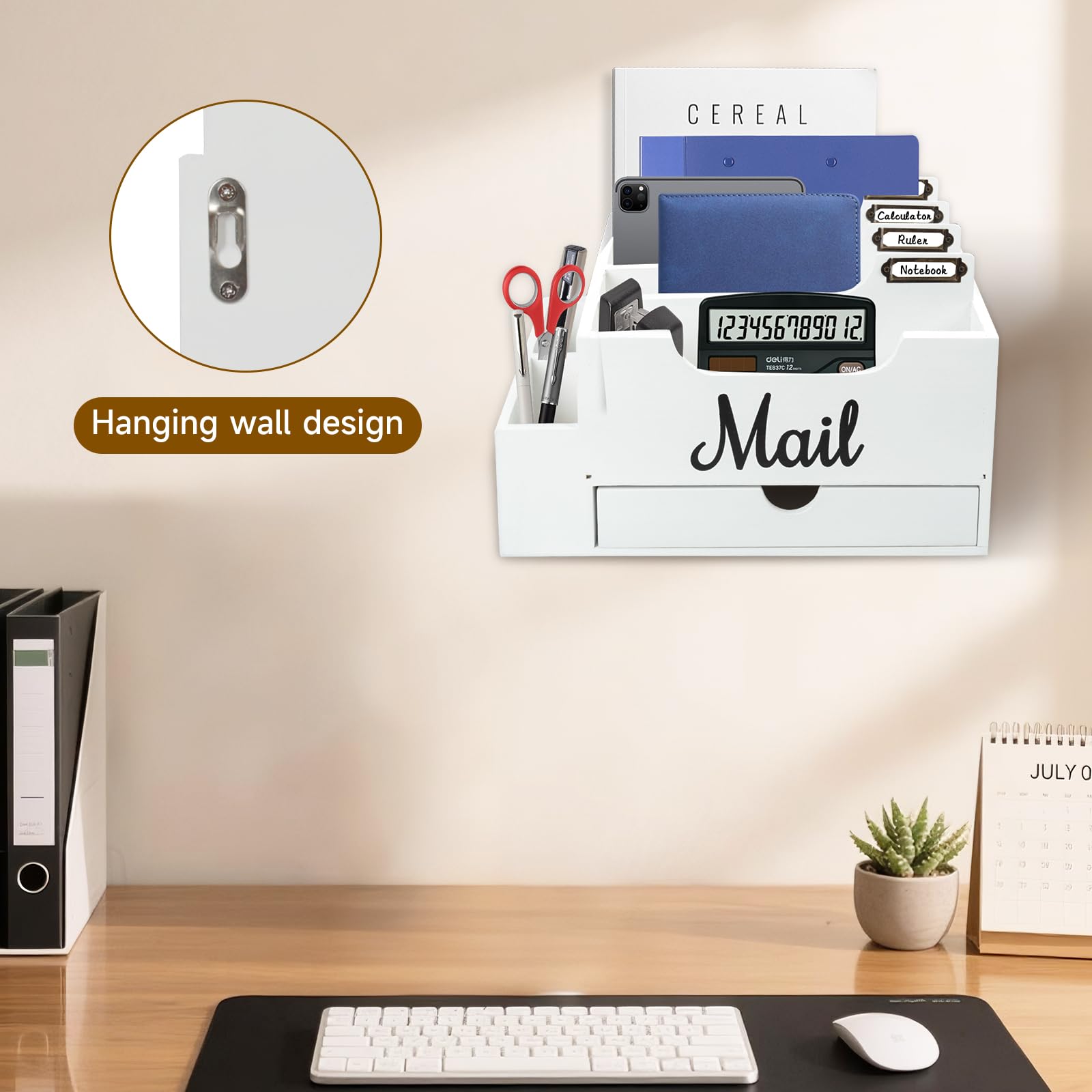 Organizzatore di Posta da Scrivania in Legno con 6 scomparti e cassetto, Organizzatore per Cartelle di Carta e Lettere, Organizer per Cartelle per Scrivania per Lettere Cancelleria, Bianco