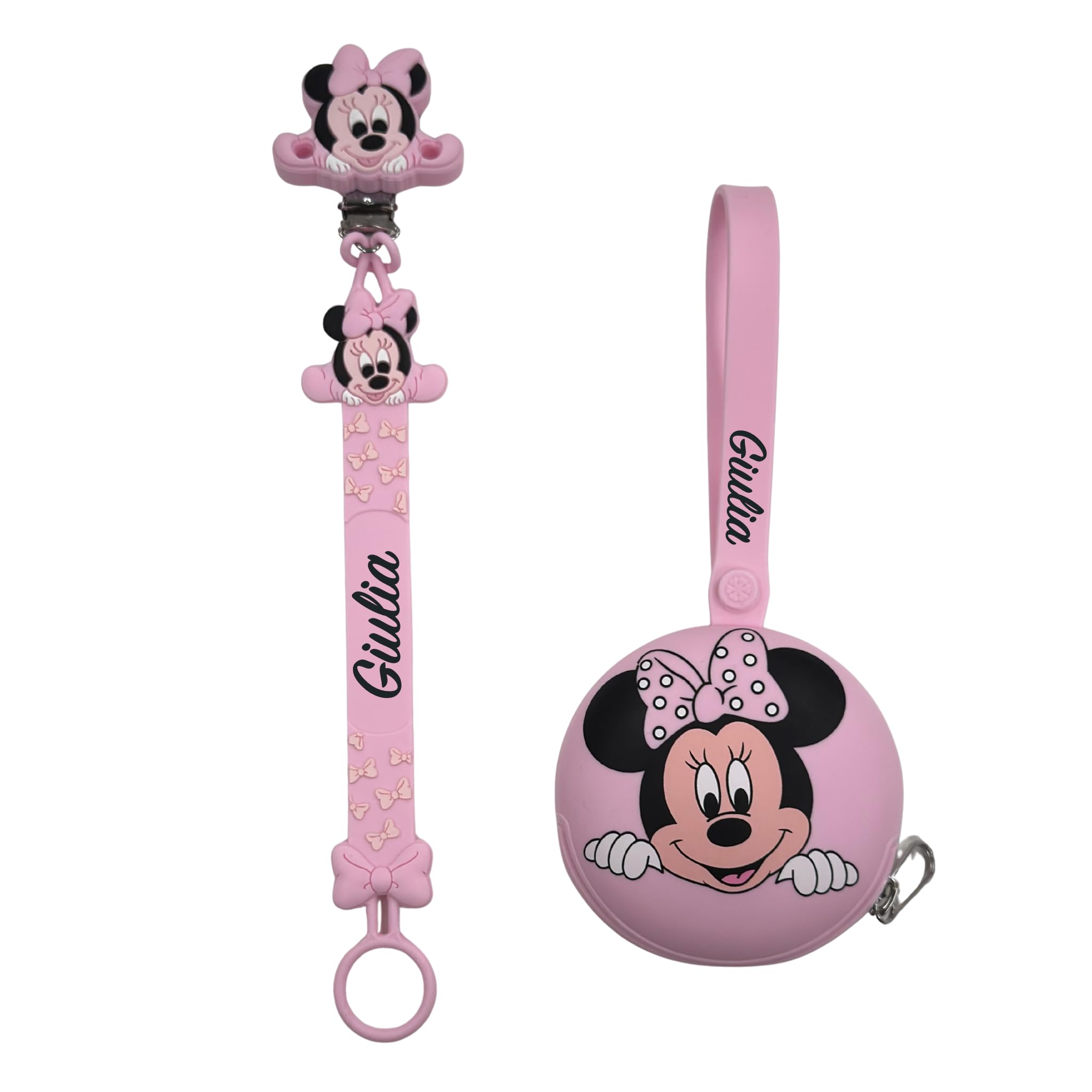 NOVITÁ Fettuccia IN SILICONE, Catenella portaciuccio personalizzata con nome FLAT BABYJART, lavabile, sicura per il bambino, compatibile con ciuccio MAM e CHICCO! (Minnie Rosa Pastello)
