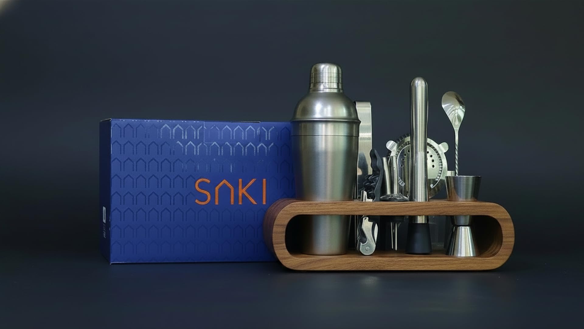 Saki Home Decor Cocktail Shaker Gift Set with Wooden Stand- 10-Piece, Bartender Kit : Shaker, Spoon, Jigger, Muddler, Strainer, Wine & Beer Bottle Opener, Pour Spouts, Tongs (Without Gift Box)