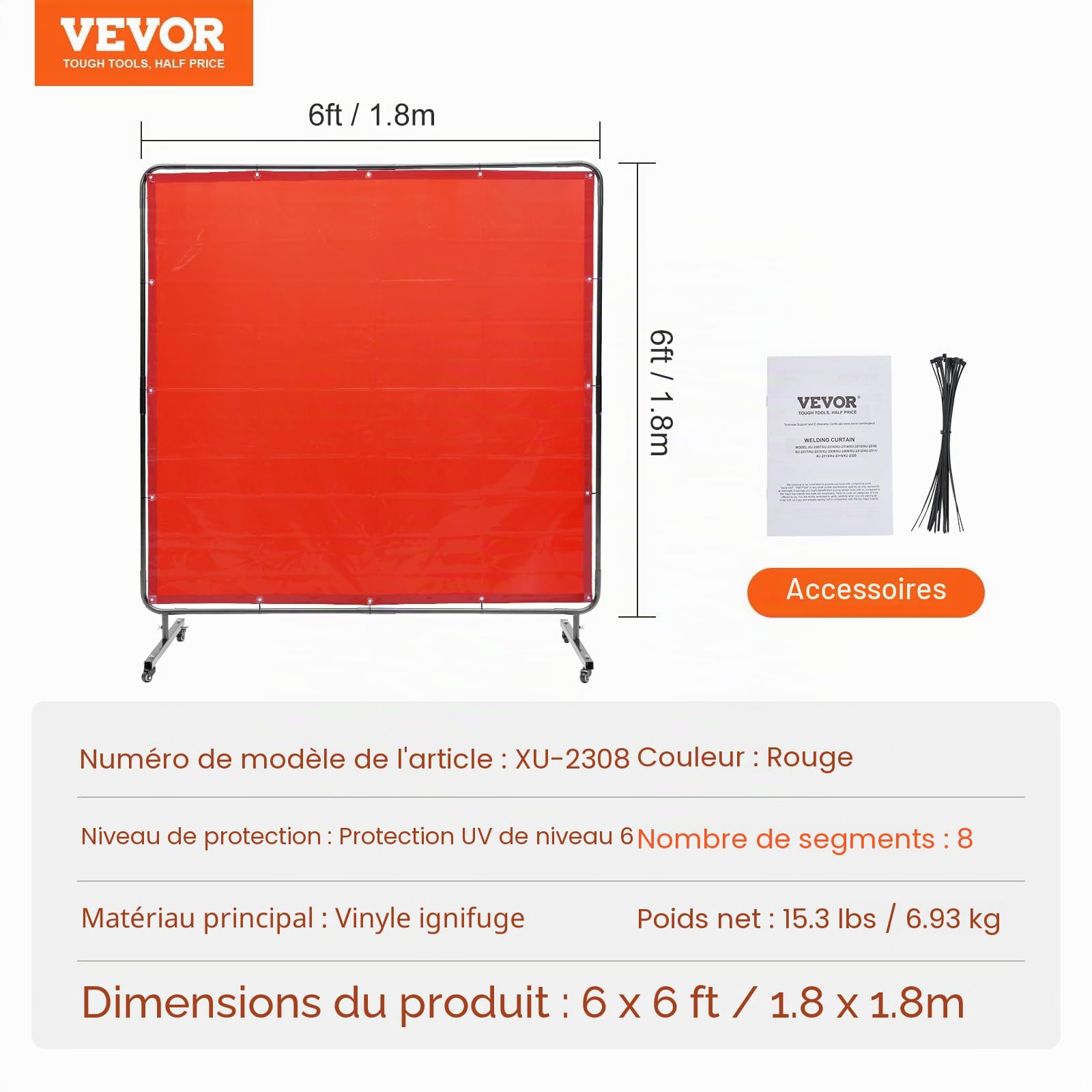 VEVOR Rideau de Soudage avec Cadre, 1,8x1,8 m Écran de Protection pour Soudure en Vinyle Ignifuge sur 4 Roues Pivotantes 2 Verrouillables, Rideau Mobile Professionnel pour Atelier, Industrie, Rouge