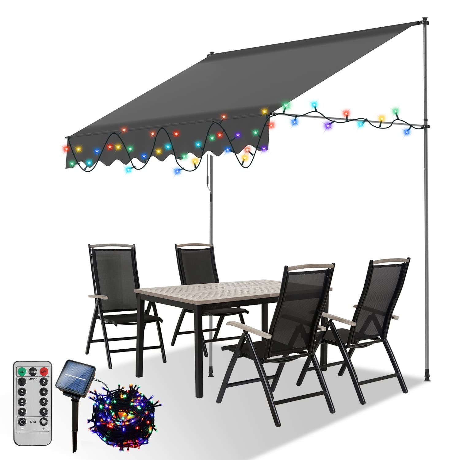 Gimisgu Markiza zaciskowa, 300 x 120 cm, z solarnym kolorowym łańcuchem świetlnym LED, 2 w 1, markiza balkonowa z korbą ręczną, z regulacją wysokości, ochrona przed promieniowaniem UV, bez wiercenia,