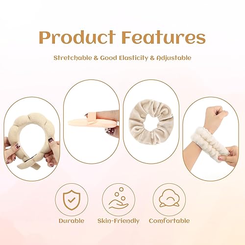 Miniatura 6 de Juego de 7 diademas y muñequeras para el cuidado de la piel para lavar la cara, coleteros para polvo, esponja, spa, maquillaje, diadema hinchada,