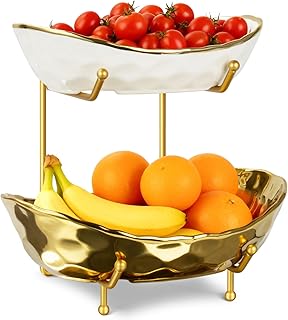 Ceramic Fruit Bowl for Kitchen Counter - 2 Tier Fruit Bowls with Metal S...