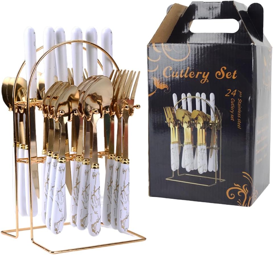 HASTHIP® 24 Piece Stainless Steel Flatware Set with Stand, Mirror Polished Cutlery Silverware Set, Anti-Scalding Handles, Dishwasher Safe, Modern Tableware for Home, Kitchen, Restaurant, and Hotel