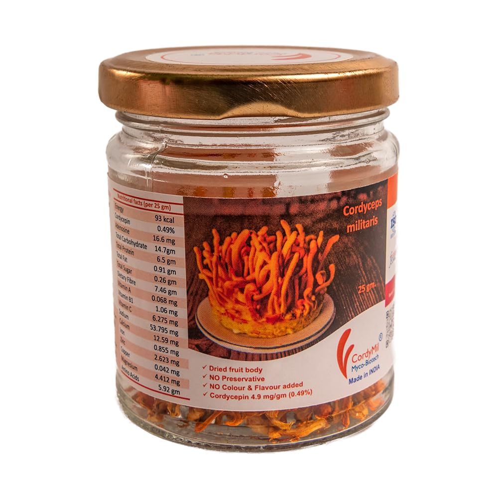 CordyMil 25 - Certified by FSSAI, Pure & Authentic raw dried fruit bodies of Cordyceps militaris mushroom (no additive added) - 25 gm.