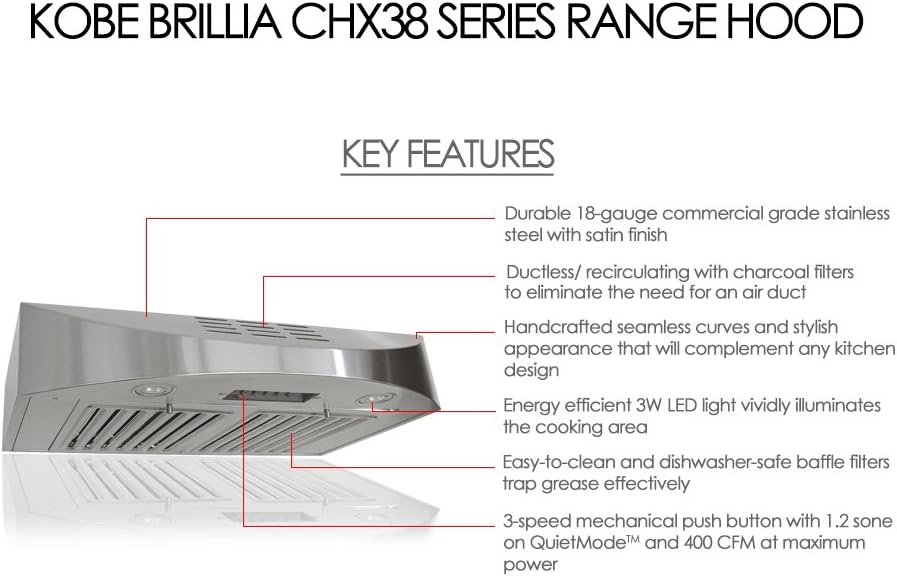KOBE CHX3830SQBD-3 Brillia 30-inch Ductless Under Cabinet Range Hood, 3-Speed, 400 CFM, LED Lights, Baffle Filters