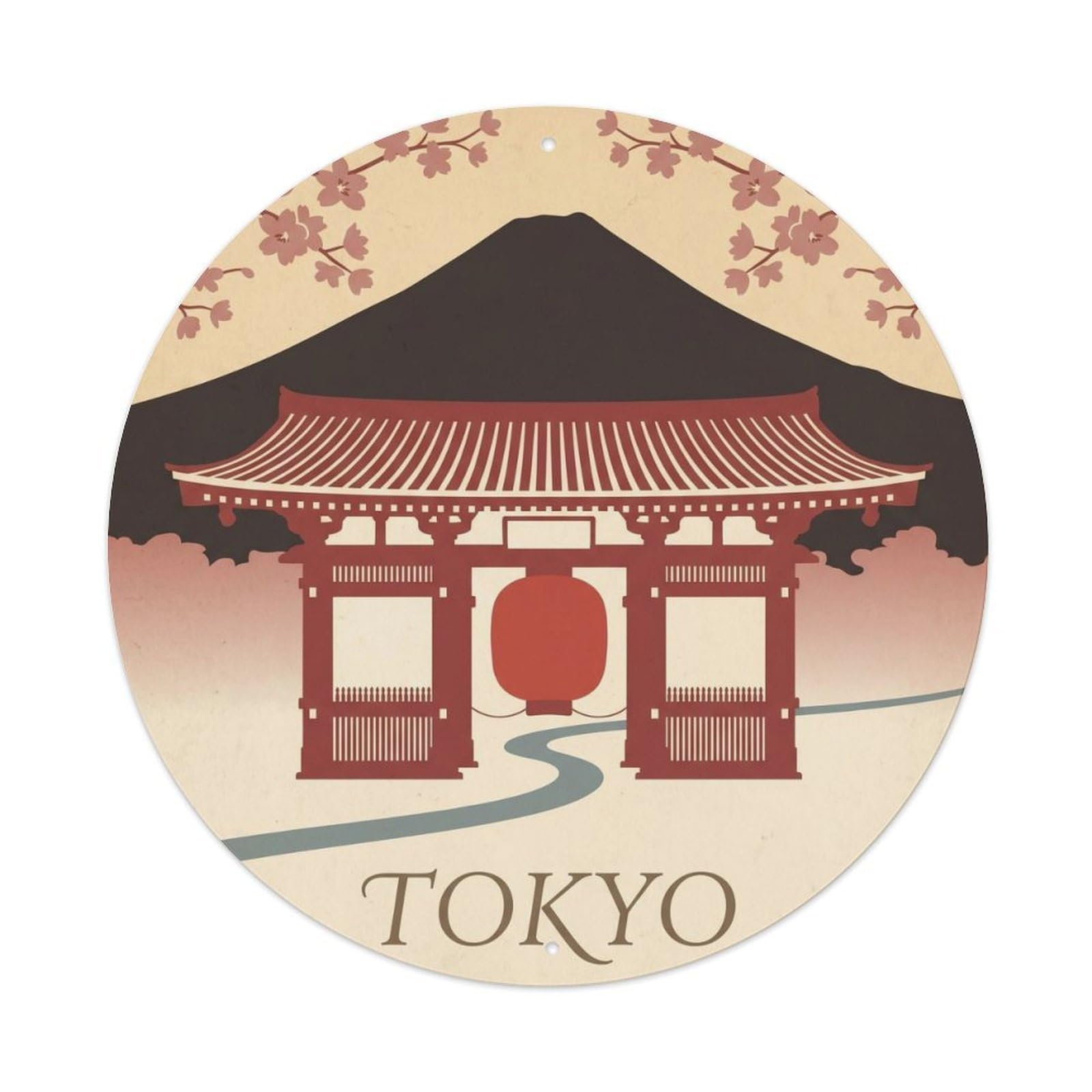 Tokyo Temple Landmark Cityscape Vintage Travel Map Classic Metal Tin Sign Plaque Wall Decor for Cafe, Man Cave, Club Bar, Office, Home Garden Round Metal Poster 8x8Inch
