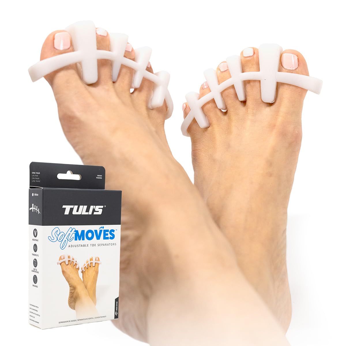 Tuli's Soft Moves – Separadores de Dedos Ajustables de Silicona Suave – Alineación, Juanetes, Dedos en Martillo, Fascitis Plantar y Neuroma de Morton, Talla Única, Blanco