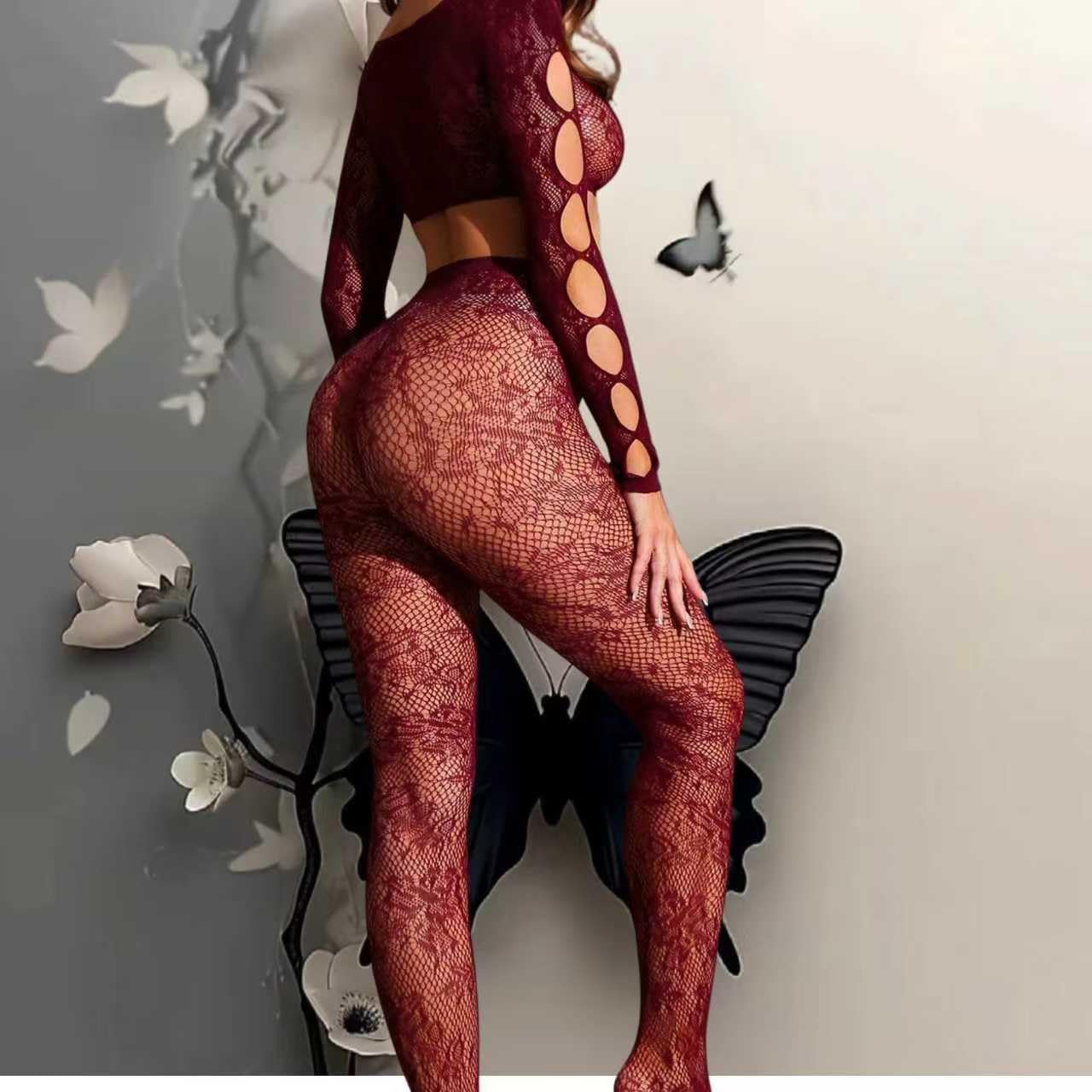 Women's 2-Piece Fishnet Performance Set - Long Sleeve Top & Bottom for Dance, Stage & Costume (Burgundy, One Size)