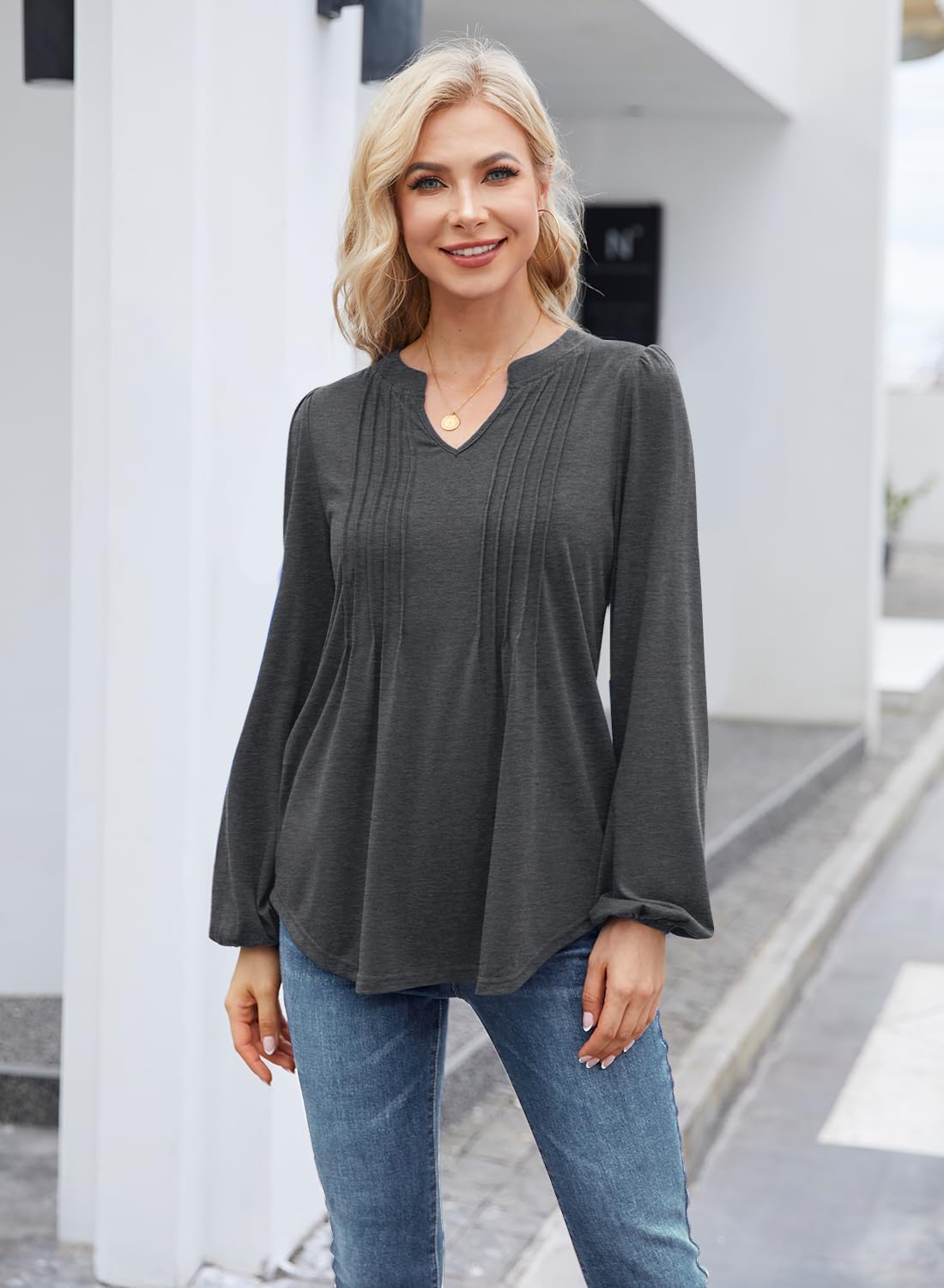 MIHOLL Women's V Neck Puff Long Sleeve T Shirts Pleated Casual Loose Tunic Blouse - Image 6