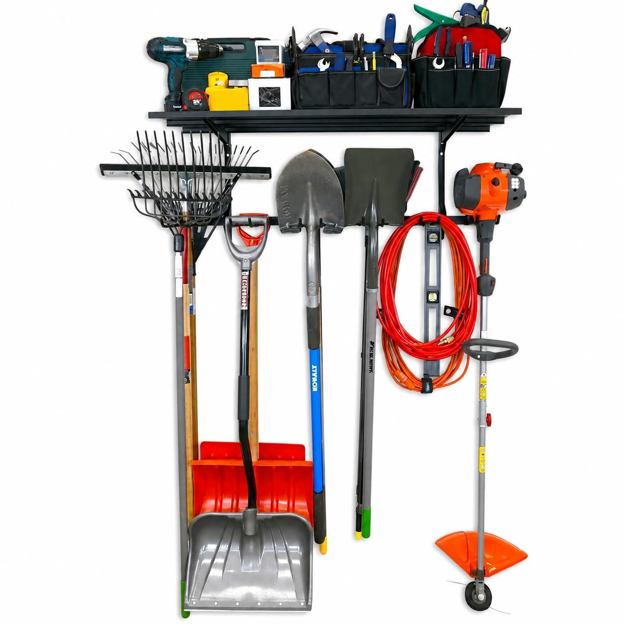 Storeyourboard Black Tool Storage Rack Plus Overhead Shelf, Home And Garage Organizer, Adjustable Wall Hanger System