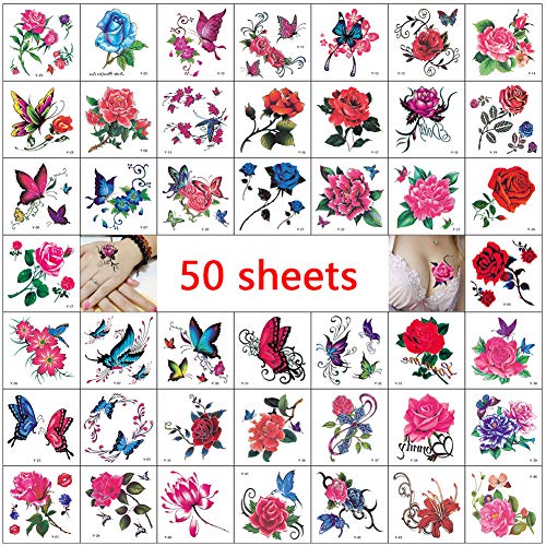 Temporary Tattoos for Women 50 Sheets Temp Tattoo Stickers Assorted Rose Flower Butterfly Patterns Fake Small Tattoos for Girls Kids Body Art Decorations Waterproof Stickers DIY Art Decor Supplies